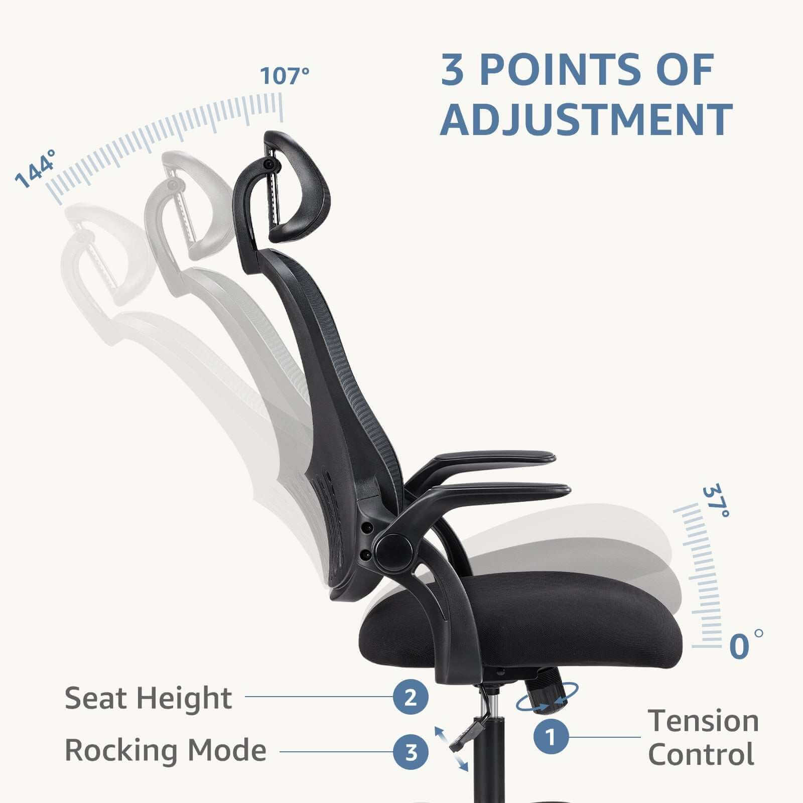 Black ergonomic office chair with tall mesh back and adjustable headrest for all-day comfort