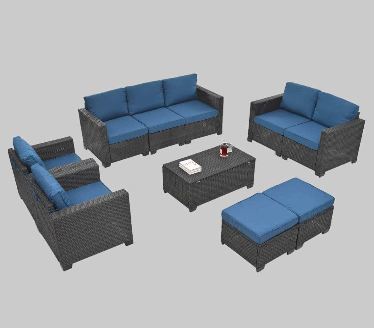 10-piece cozy outdoor patio set with blue cushions, modular seating, coffee table, and ottomans
