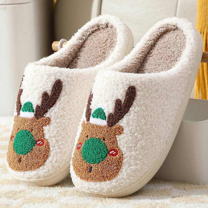 Cozy Elk Winter Home Slippers with plush elk design and faux-wool lining, anti-slip sole, unisex fit, warm and soft slip-on slippers.