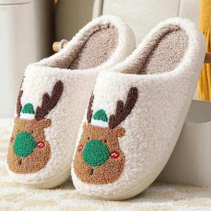 Cozy Elk Winter Home Slippers with plush elk design and faux-wool lining, anti-slip sole, unisex fit, warm and soft slip-on slippers.