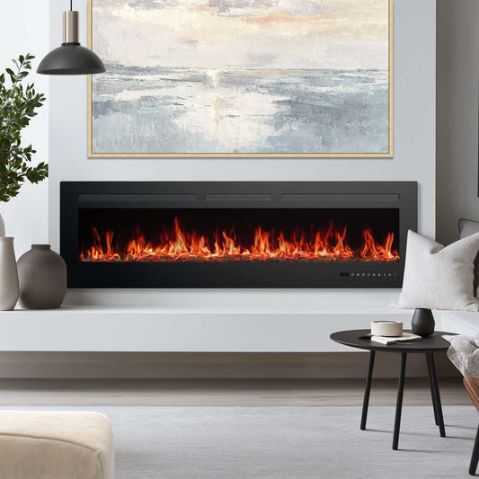 CozyFlame Electric Fireplace Insert with realistic flames and sleek black frame mounted in modern living room
