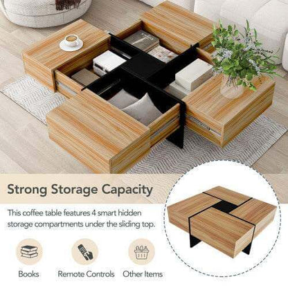 Smart storage coffee table with four hidden compartments under sliding wooden top