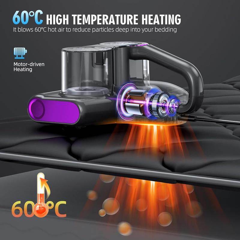 Handheld mattress mite remover vacuum cleaner with 60°C motor-driven heating for deep particle removal