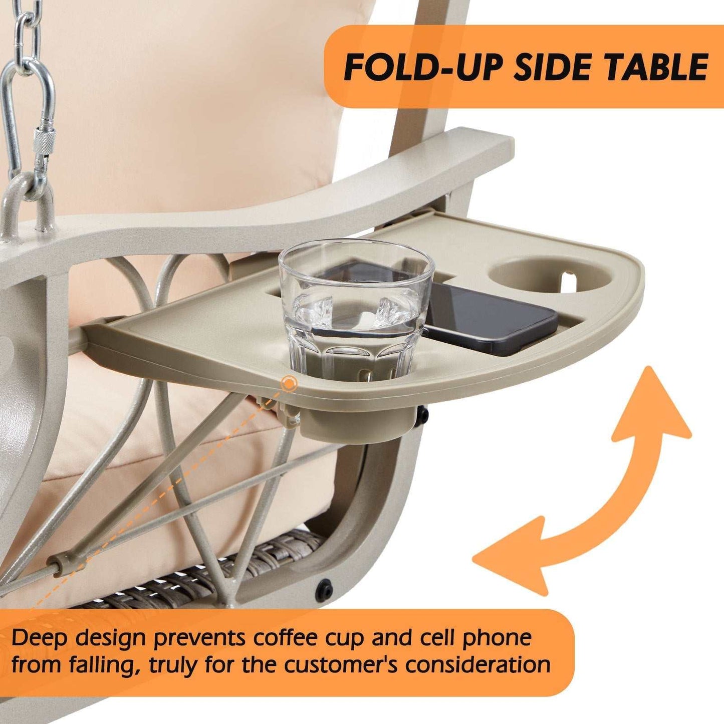 Porch Comfort Swing Basket with beige cushions, gray rattan, metal frame, fold-up side tables, and extended chains for outdoor use