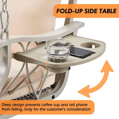 Porch Comfort Swing Basket with beige cushions, gray rattan, metal frame, fold-up side tables, and extended chains for outdoor use