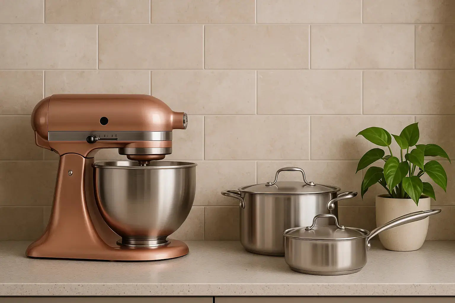 Stylish copper stand mixer with stainless steel bowls, pots, and a green plant on a modern kitchen countertop.