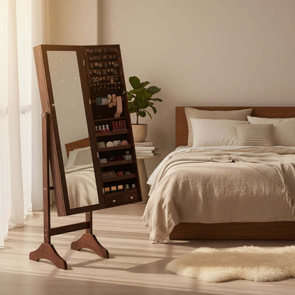 jewelry organizer mirror cabinet brown with velvet lining and full-length stand