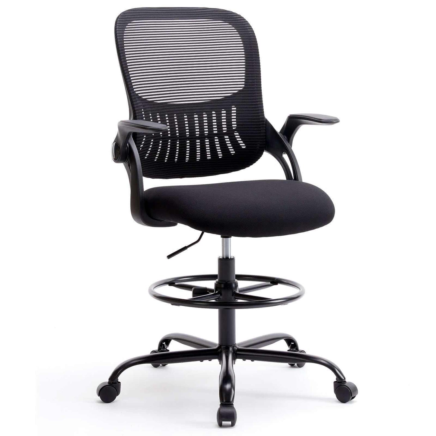 Ergonomic drafting chair with adjustable footrest and lumbar support in black and gray options