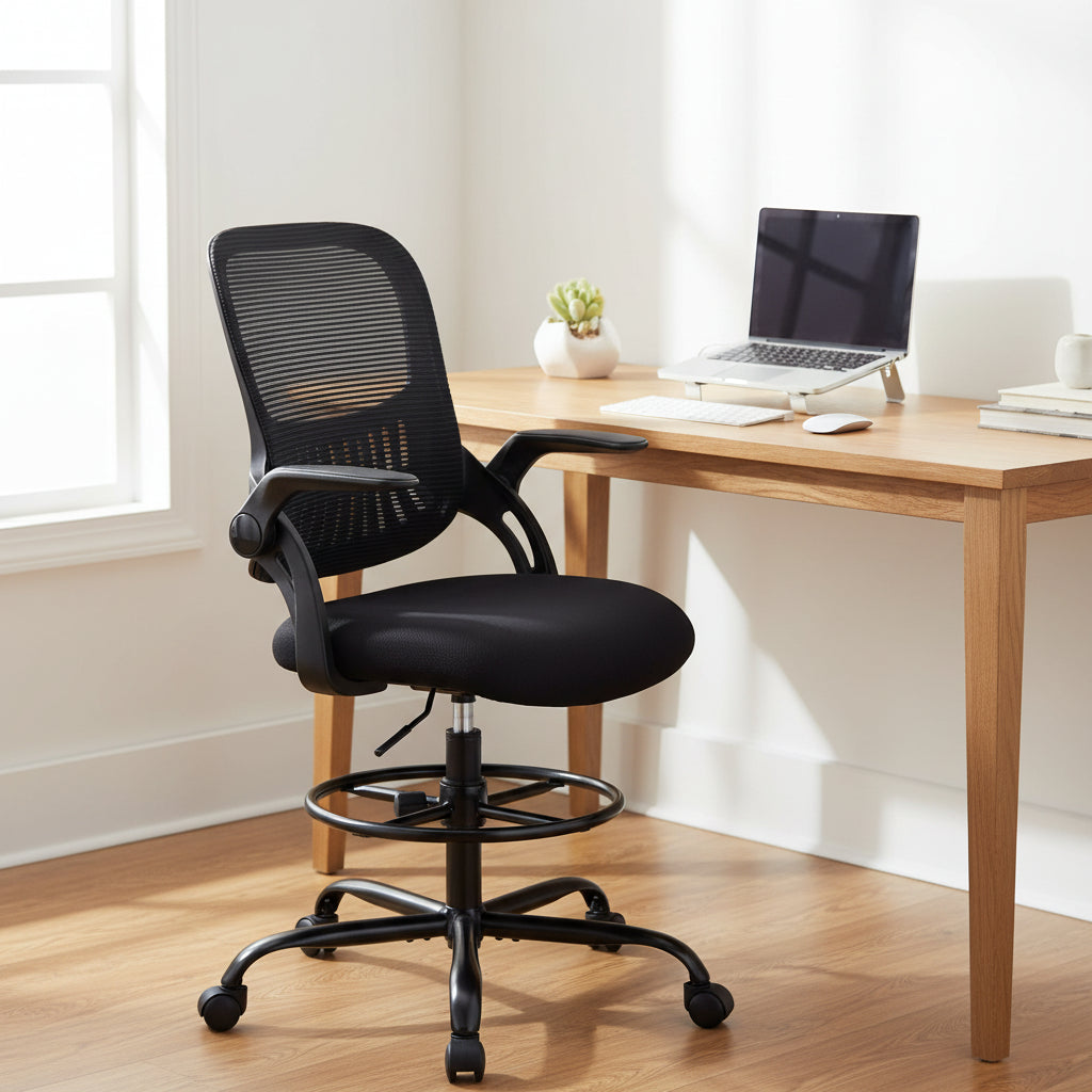 Ergonomic drafting chair with adjustable footrest and lumbar support in black and gray options