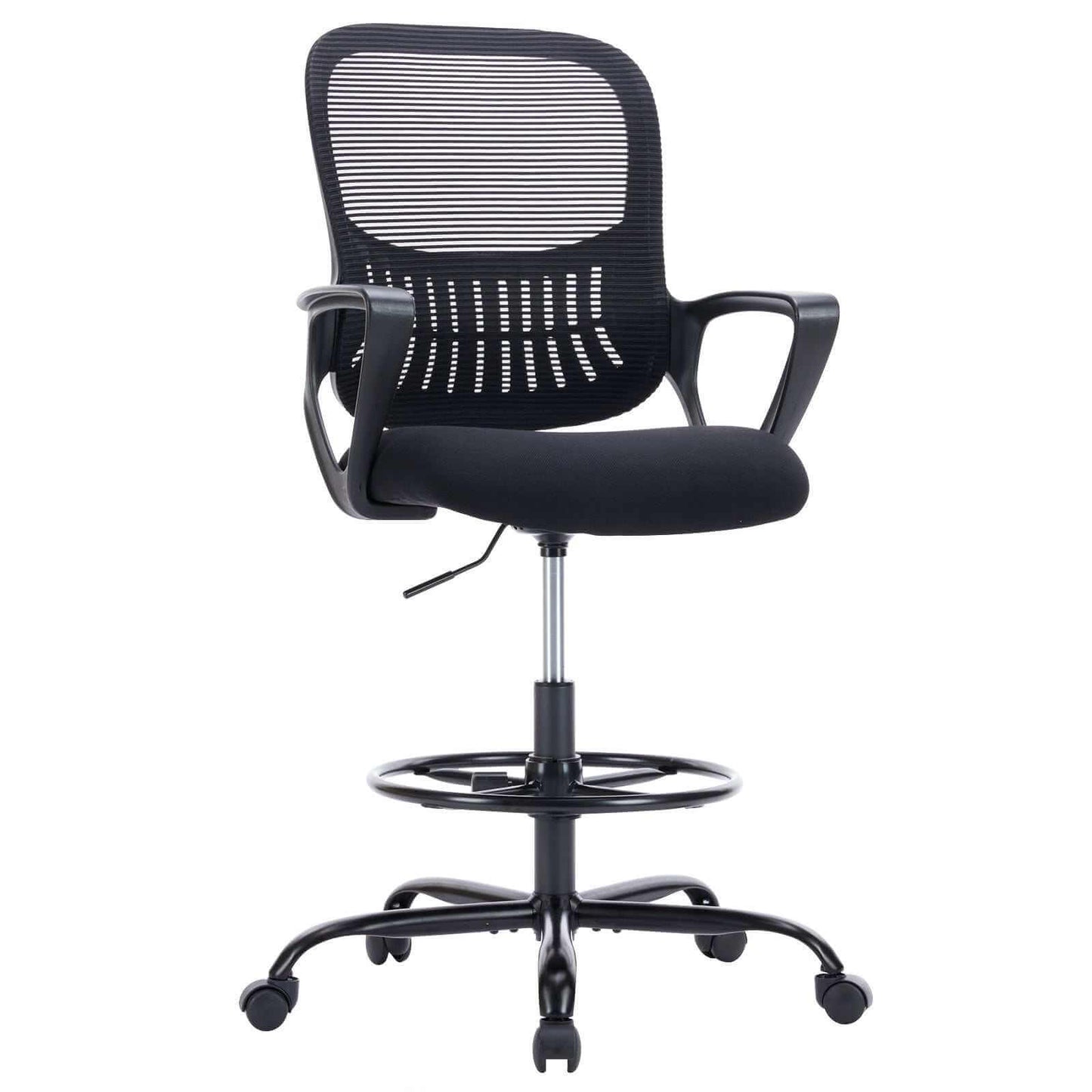 Black ergonomic drafting chair with adjustable footrest and lumbar support