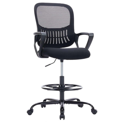 Black ergonomic drafting chair with adjustable footrest and lumbar support