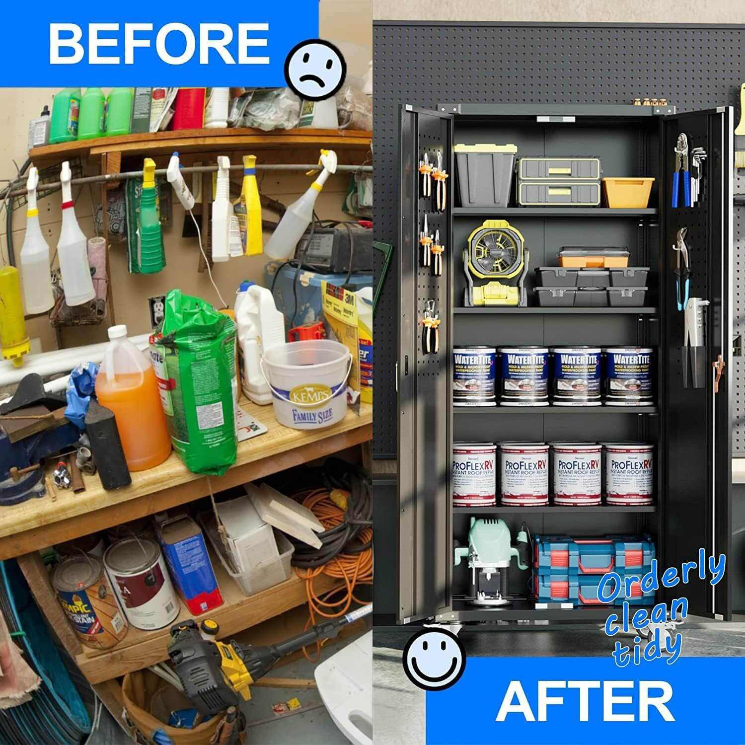 Rolling Garage Organizer with lock, 4 adjustable shelves, and smooth wheels for easy mobility and heavy load storage.