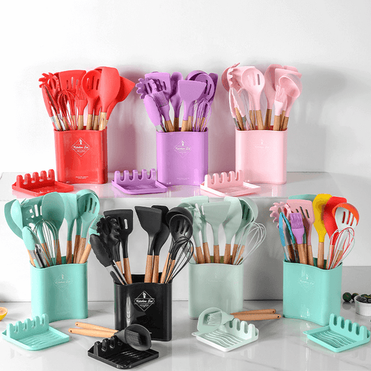 Colorful silicone kitchen tools set with wooden handles displayed in various holders, ideal for stylish cooking.