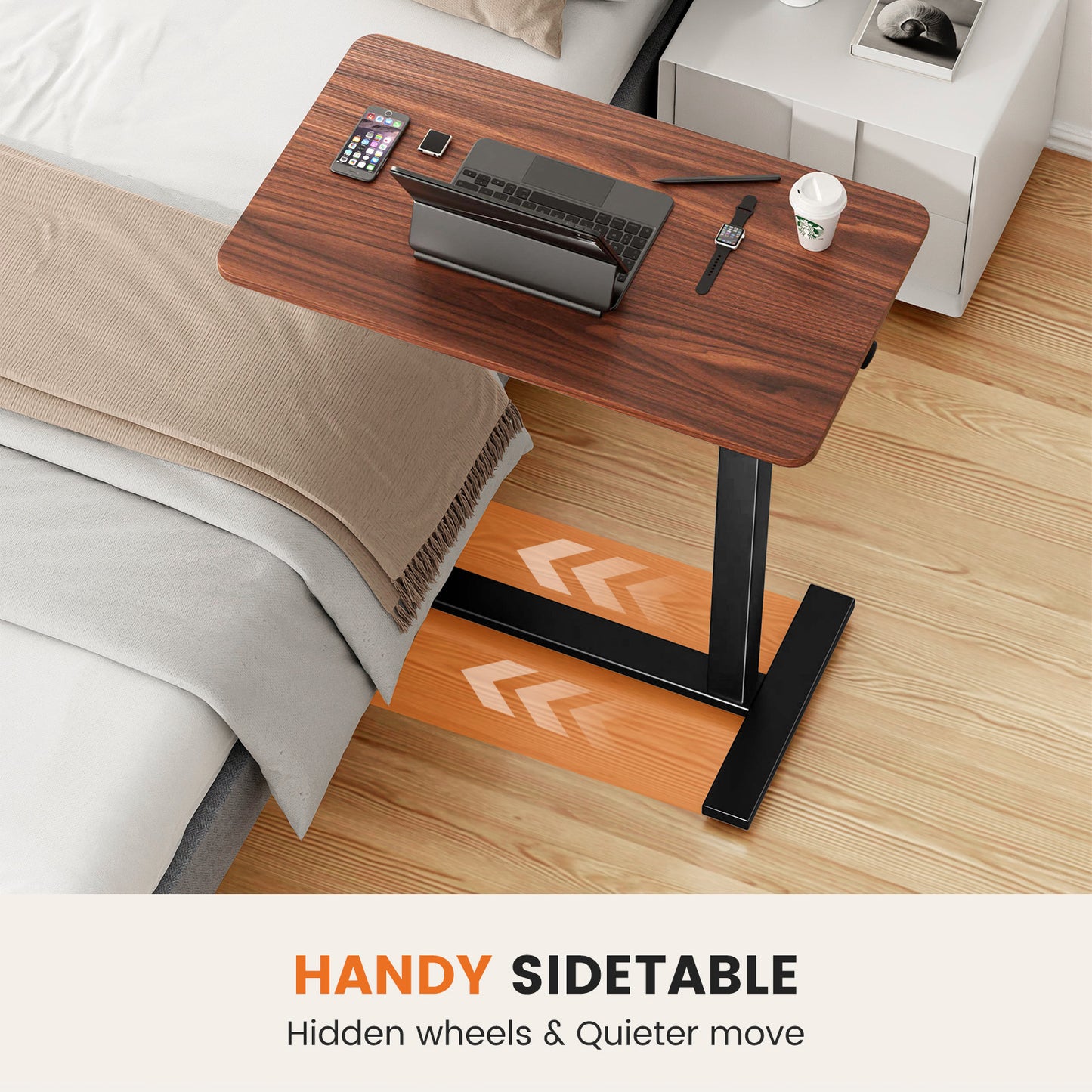 mobile laptop desk with adjustable height in brown finish with laptop on sofa