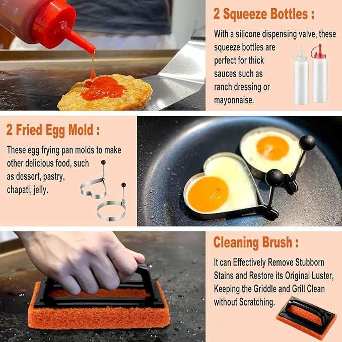Ultimate Outdoor Grilling Set with squeeze bottles, fried egg molds, and cleaning brush for BBQ and griddle cooking