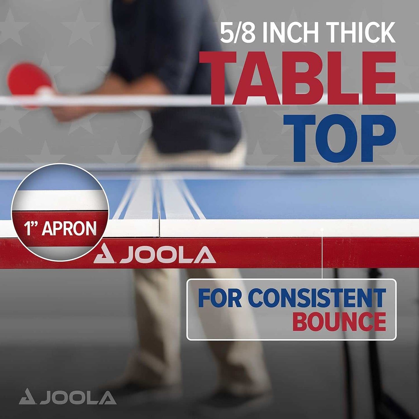 Close-up of JOOLA foldable indoor ping pong table showing 5/8 inch thick tabletop and 1 inch apron for consistent bounce with red, white, and blue patriotic design