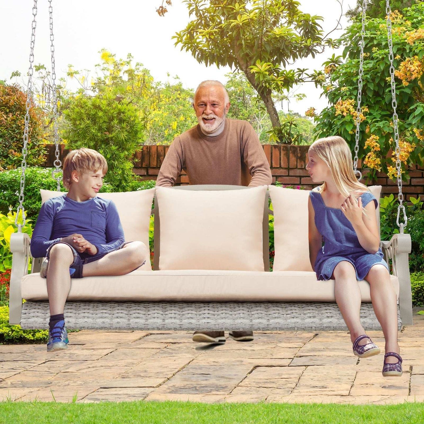 Porch Comfort Swing Basket with beige cushions, gray rattan, metal frame, fold-up side tables, and extended chains for outdoor use