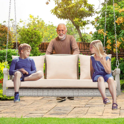 Porch Comfort Swing Basket with beige cushions, gray rattan, metal frame, fold-up side tables, and extended chains for outdoor use