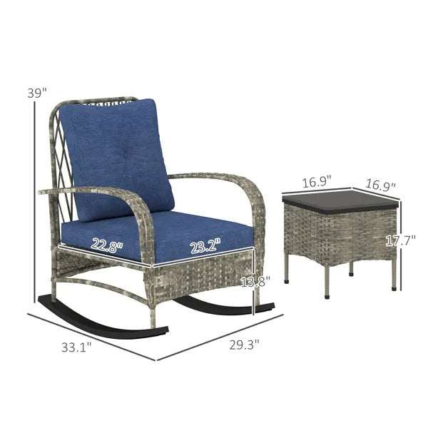 Rattan Chaise Lounge Chair with cushion and wicker side table, outdoor patio furniture set, dimensions and design details.