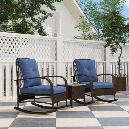 Outdoor Rattan Chaise Lounge Chair with blue cushions and wicker side table on patio, perfect for garden or poolside furniture set.