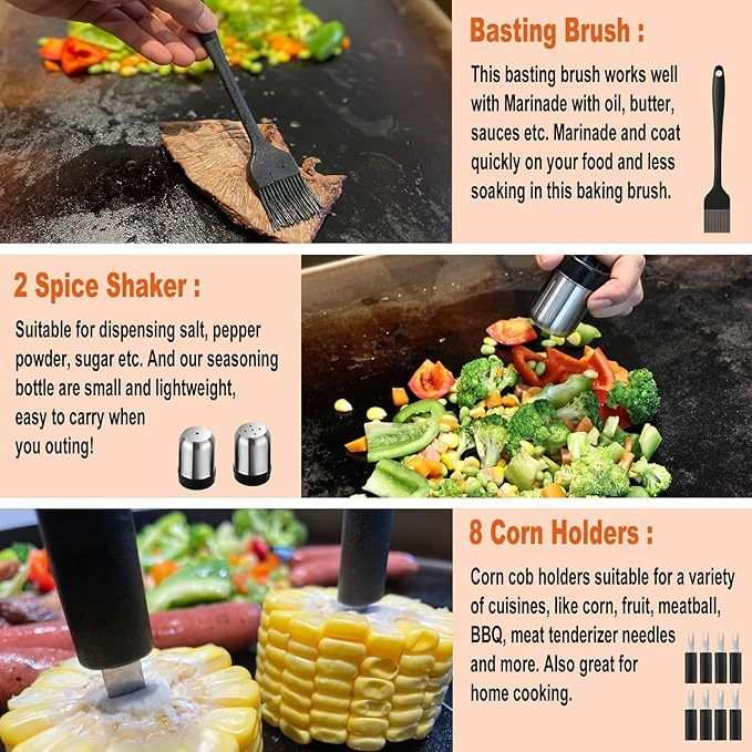Ultimate Outdoor Grilling Set with 35-piece BBQ tools including spatulas, basting brush, spice shakers, and corn holders in a carry bag