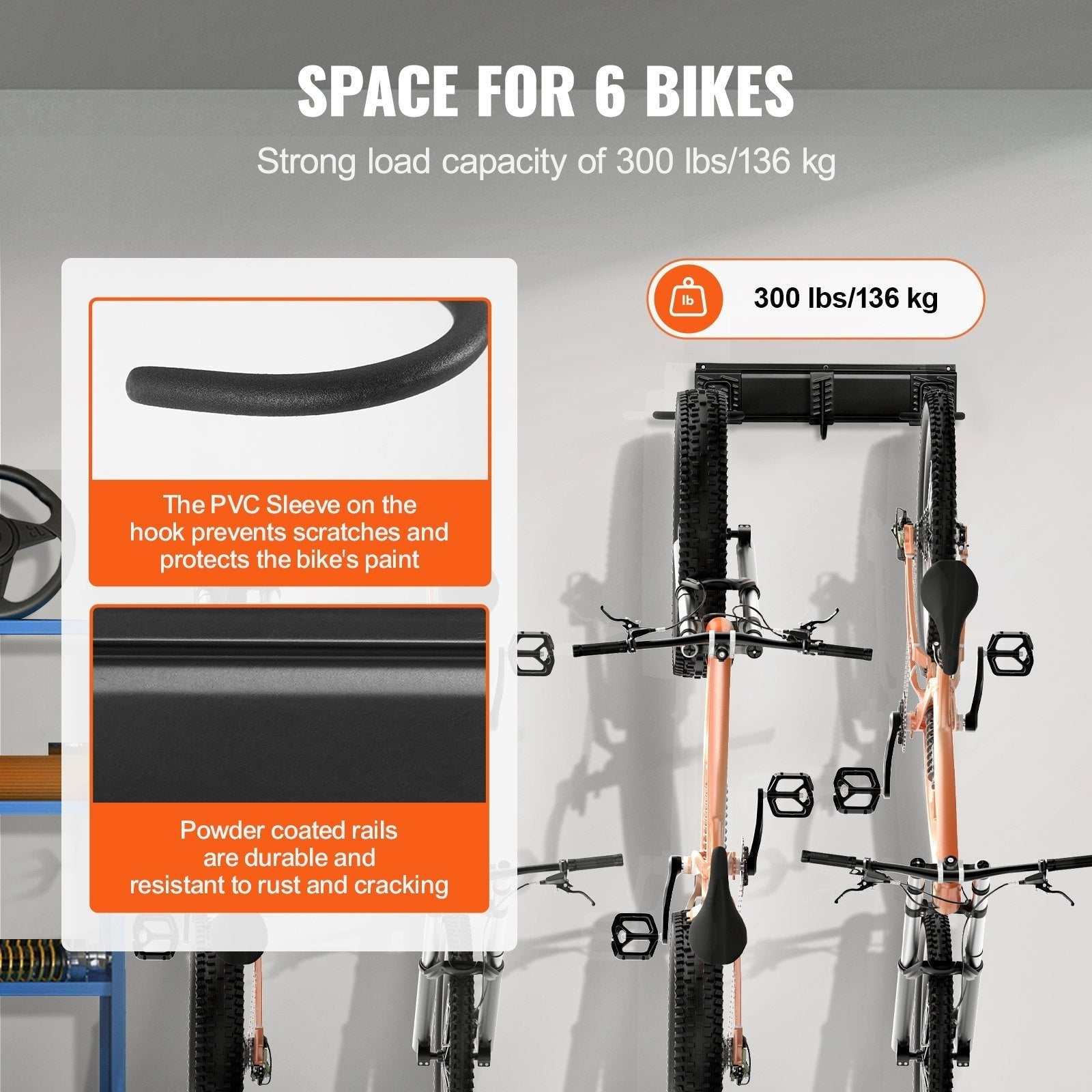 Easy wall mount bike organizer with 6 bike racks and 3 helmet hooks, durable metal construction, holds up to 300 lbs, protective PVC sleeve, powder-coated rails for rust resistance.