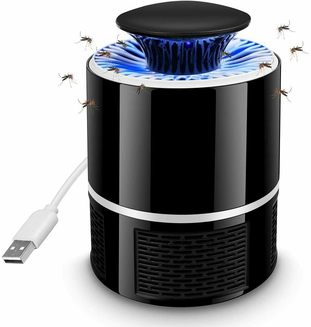 Black USB mosquito zapper lamp with blue LED light and suction feature trapping mosquitoes.
