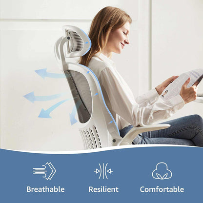 Ergonomic office chair with tall mesh back, adjustable headrest, flip-up arms, and smooth casters for all-day comfort and mobility