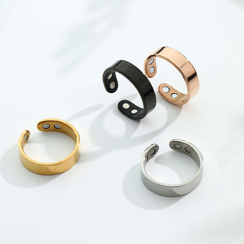 Magnetic Ring for Calm Nights in gold, black, rose gold, and silver showcasing minimalist design and comfort.