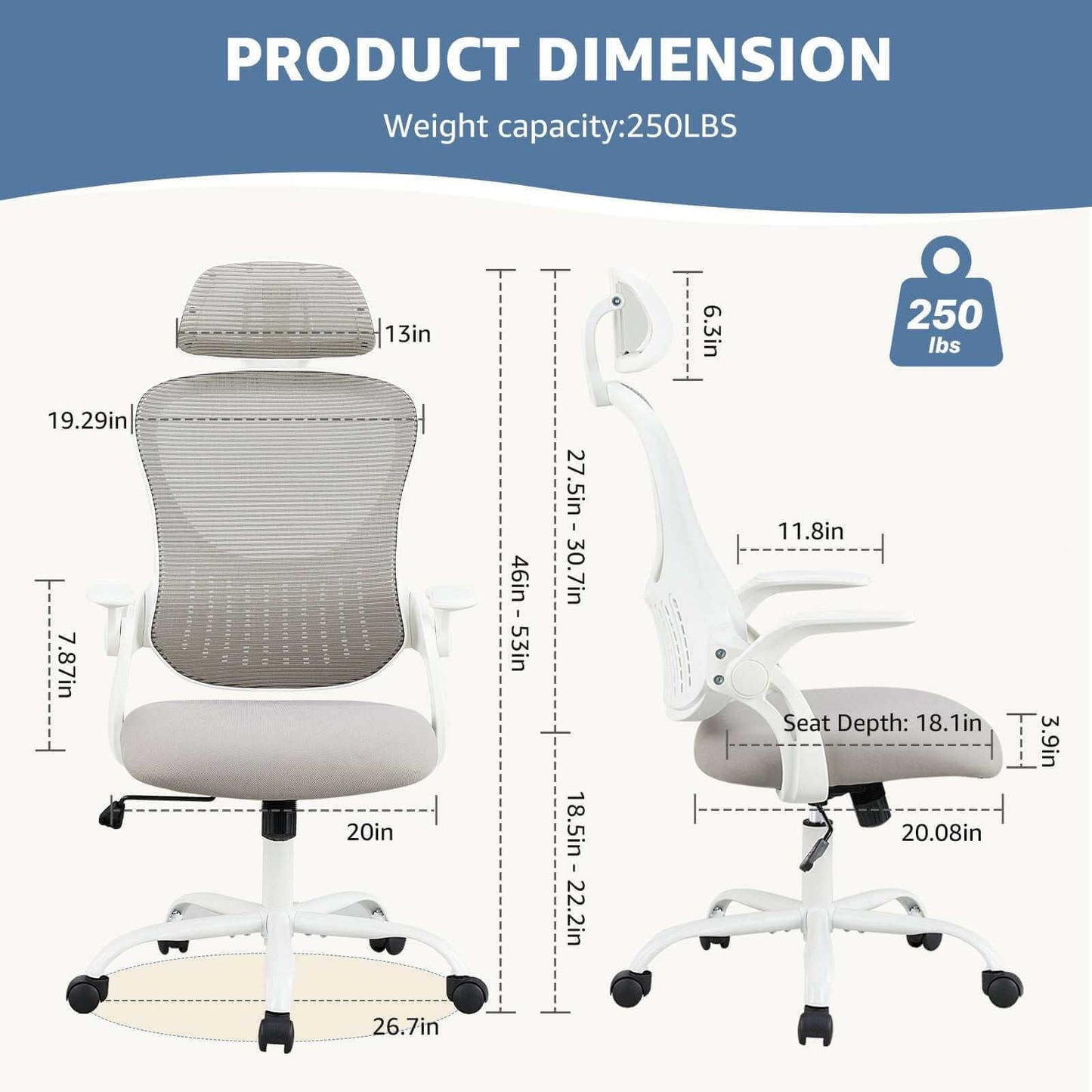 Ergonomic office chair with tall mesh back, adjustable headrest, flip-up arms, and smooth casters for all-day comfort and mobility