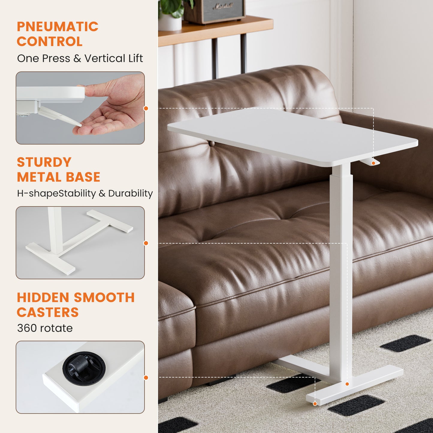 mobile laptop desk with adjustable height white finish next to sofa