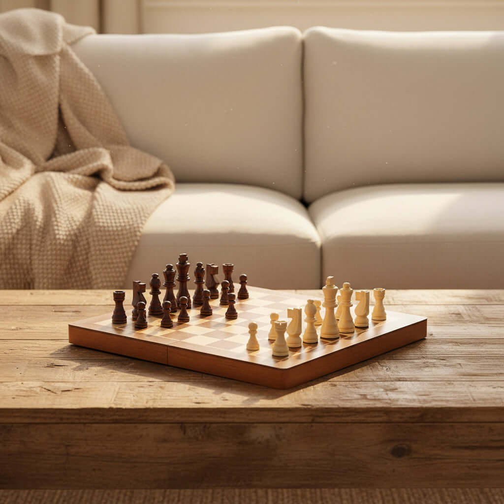 Magnetic Chess and Checkers Set displayed on a wooden table with a cozy couch in the background.