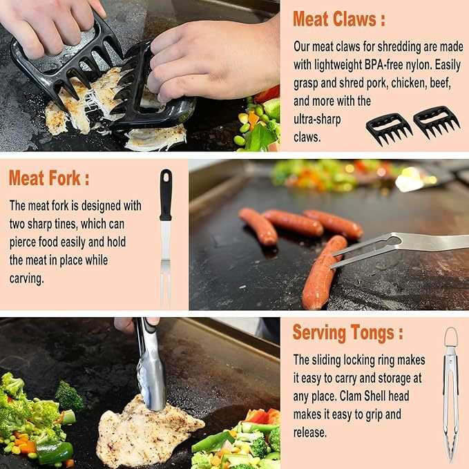 Hands shredding grilled chicken with meat claws, meat fork piercing sausages on grill, and serving tongs picking grilled chicken with vegetables, part of Ultimate Outdoor Grilling Set.