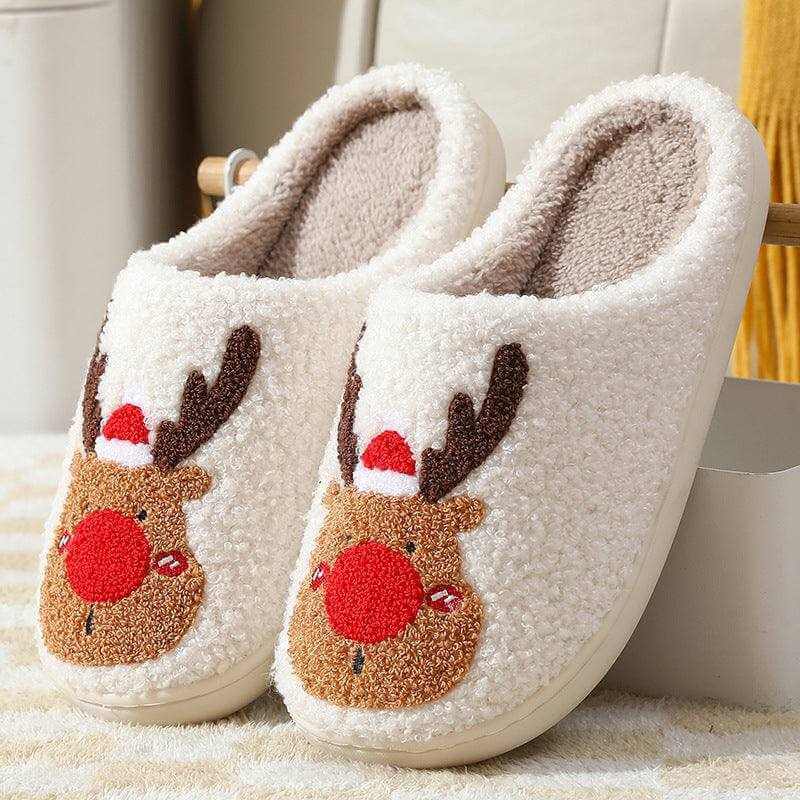 Cozy Elk Winter Home Slippers with plush faux-wool lining and anti-slip sole featuring cute elk motif in white.