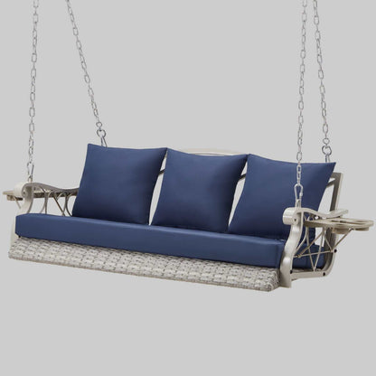 Porch Comfort Swing Basket with gray rattan frame and navy blue cushions, designed for outdoor use with fold-up side table and chain suspension.