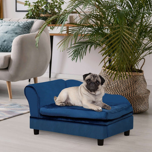 Luxury dog bed with hidden storage in blue, designed like a mini sofa, with a pug lounging comfortably in a stylish living room setting.