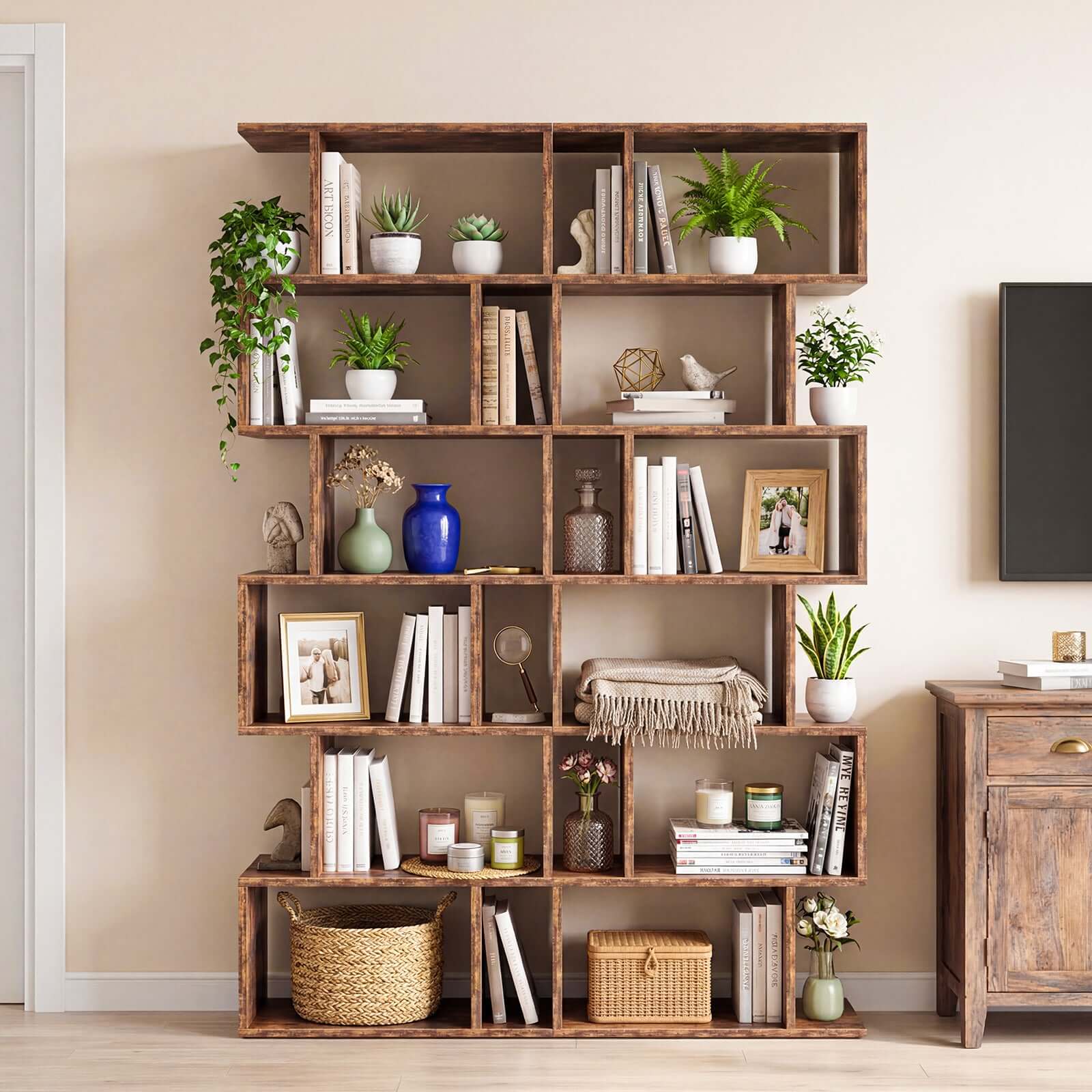 S shaped bookshelf 5 tier brown geometric display shelf full view