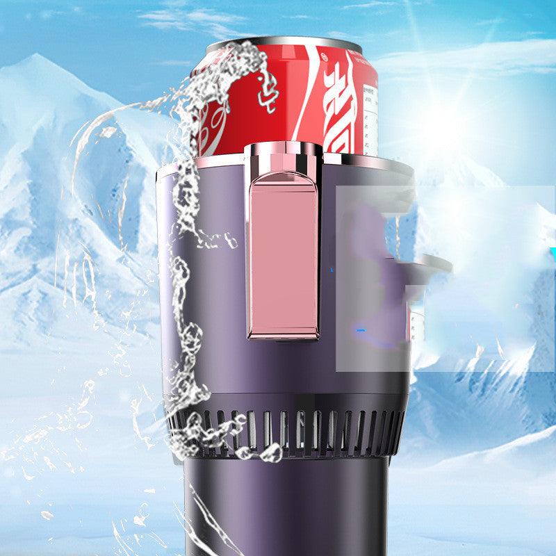 Smart car cup warmer cooler in dark purple with ice and steam effect, holding a soda can, portable beverage temperature control device for heating and cooling in cars and offices