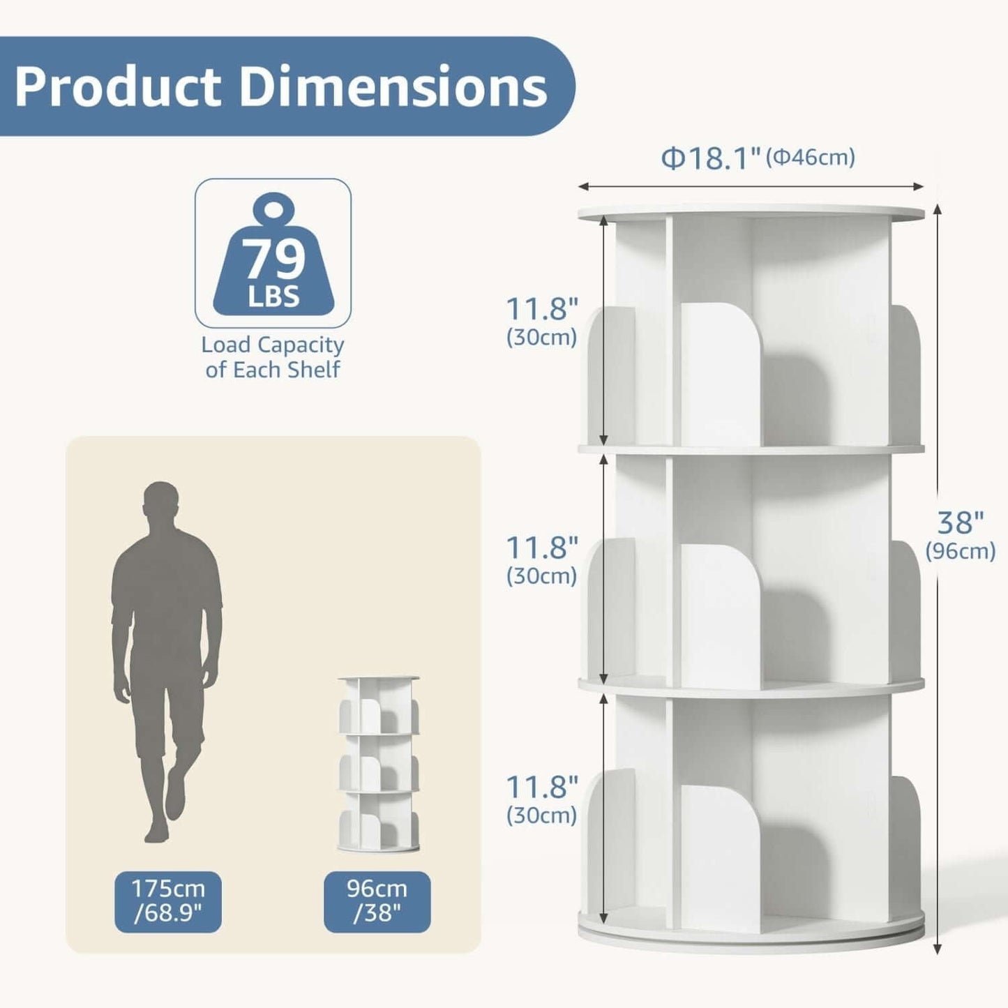 rotating bookshelf 4-tier white with books and decor on shelves