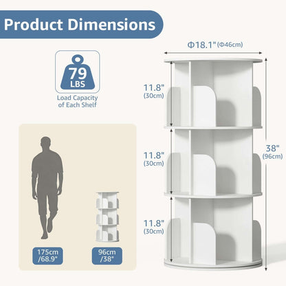 rotating bookshelf 4-tier white with books and decor on shelves