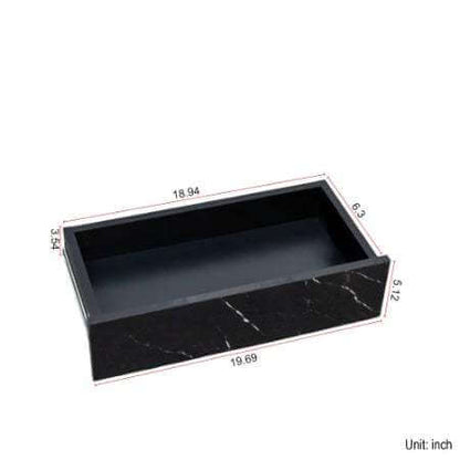 Black LED coffee table storage drawer with dimensions in inches