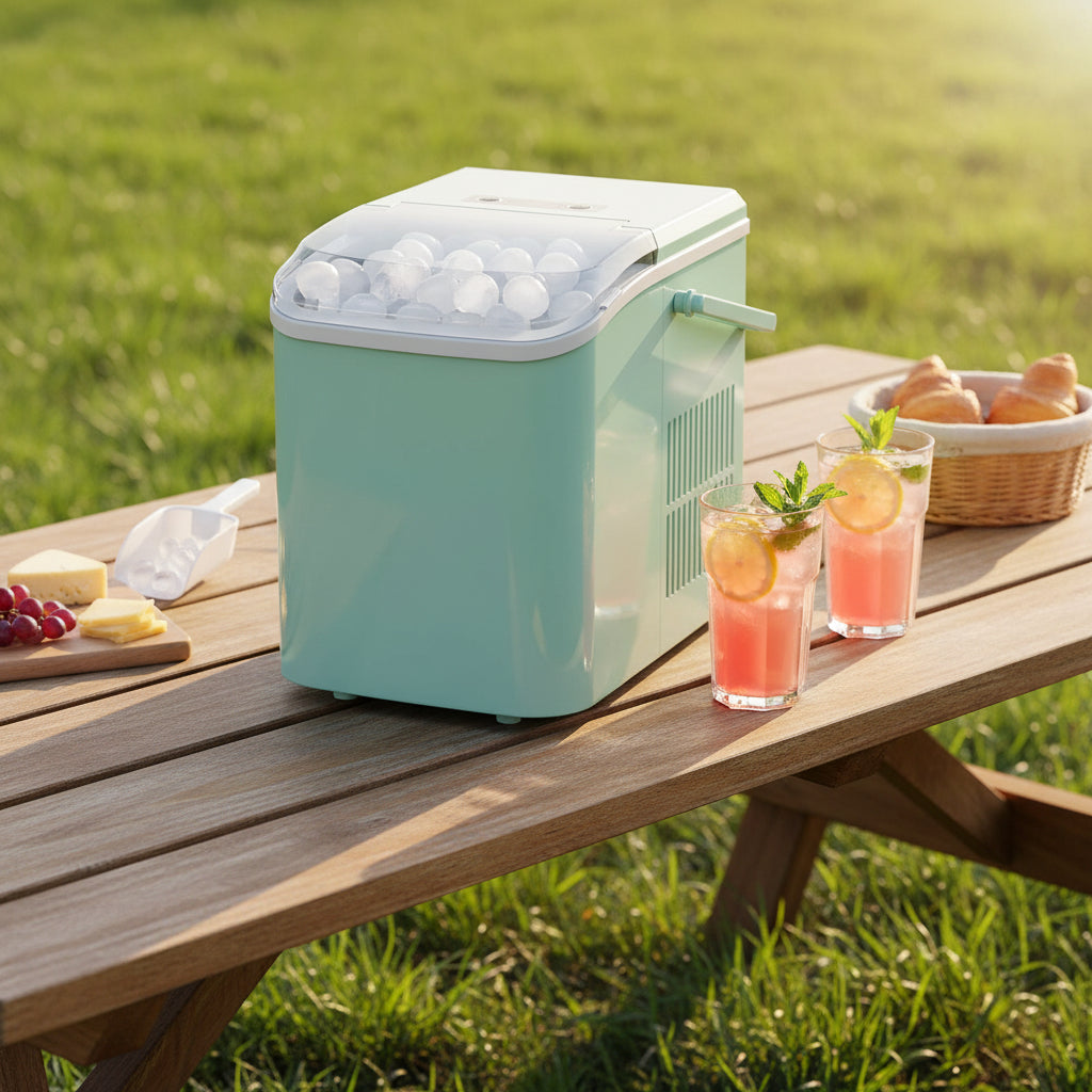 Green QuickChill portable ice maker producing bullet-shaped ice cubes with transparent lid and ice scoop