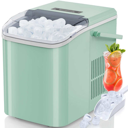 Green QuickChill portable ice maker producing bullet-shaped ice cubes with transparent lid and ice scoop