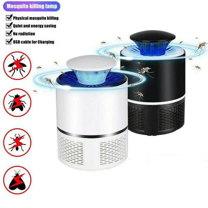 Compact USB-powered mosquito zapper lamp in white and black with LED light and cyclone suction for energy-efficient mosquito killing.