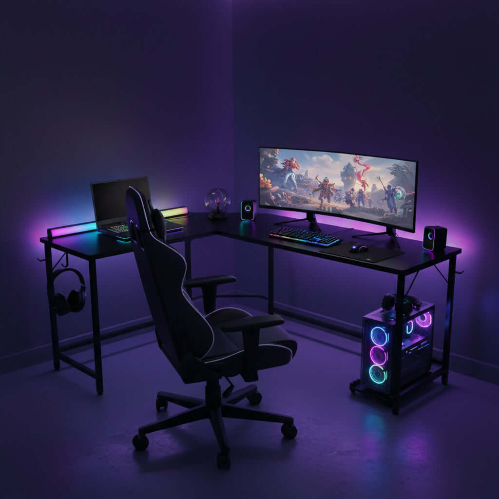 L shaped gaming desk 66 in black corner desk with CPU stand and side hooks