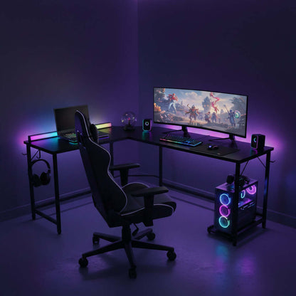 L shaped gaming desk 66 in black corner desk with CPU stand and side hooks