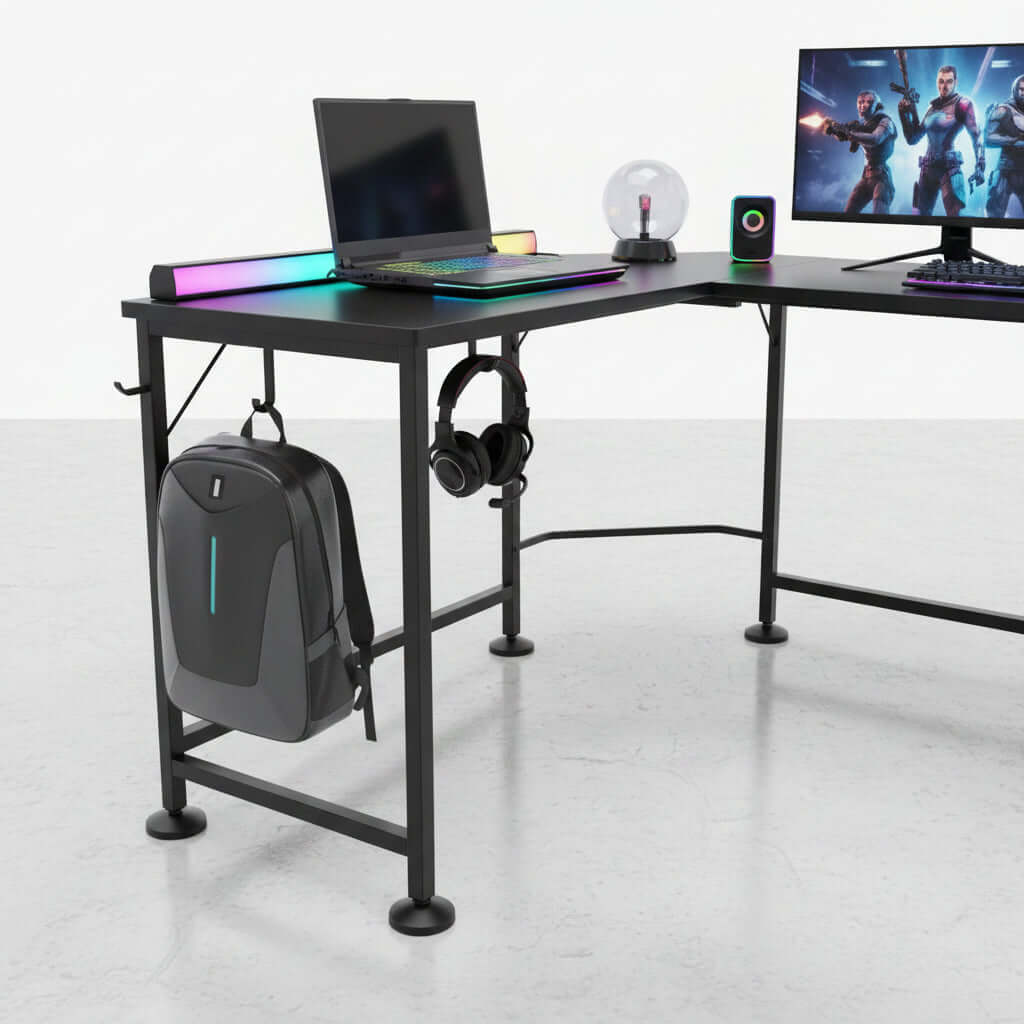 L Shaped Gaming Desk featuring a corner setup with a laptop, monitor, headphones, and backpack stand.