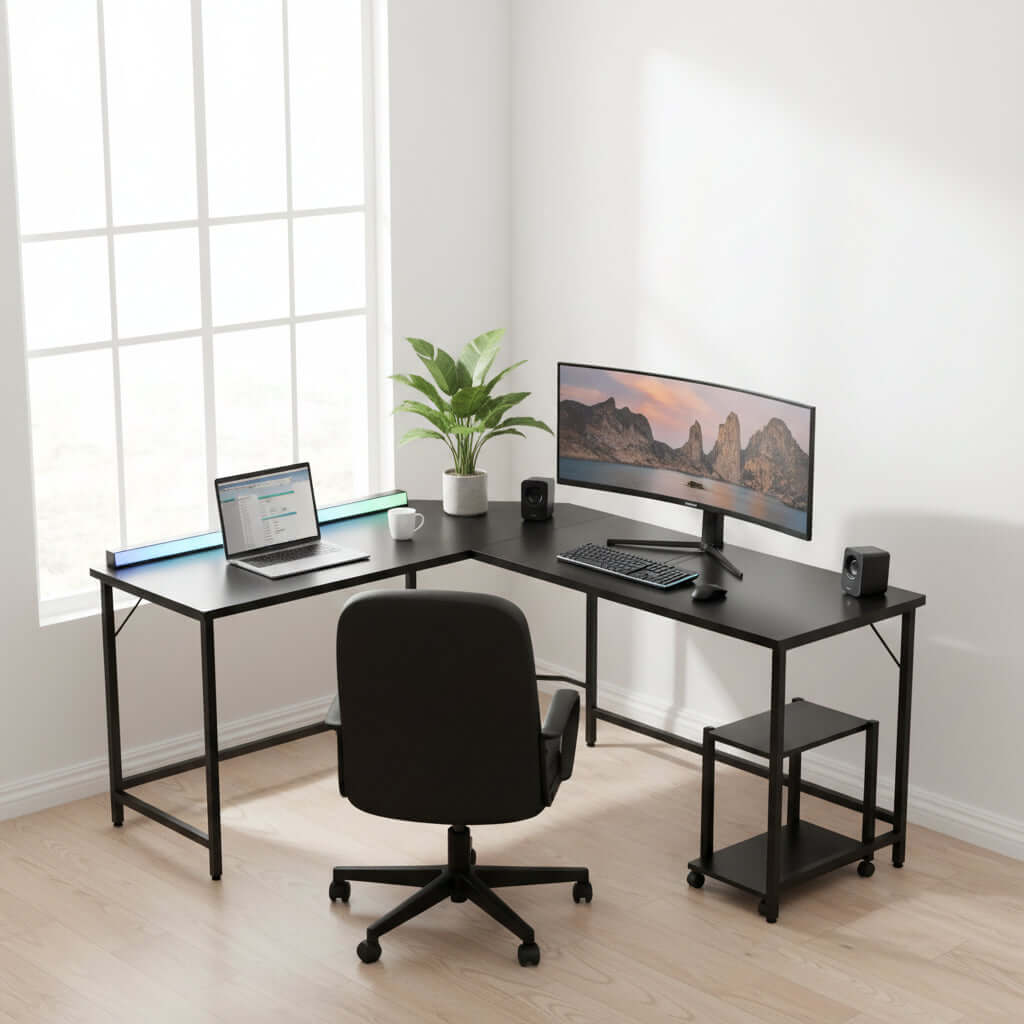 L Shaped Gaming Desk with monitor, laptop, and potted plant in bright room with large window.