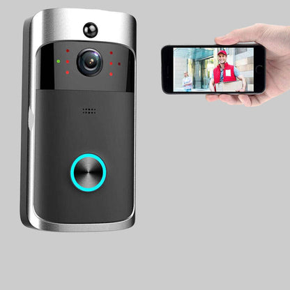 HomeGuard Smart Video Doorbell with HD camera, two-way audio, motion alerts, and free cloud storage shown with smartphone display