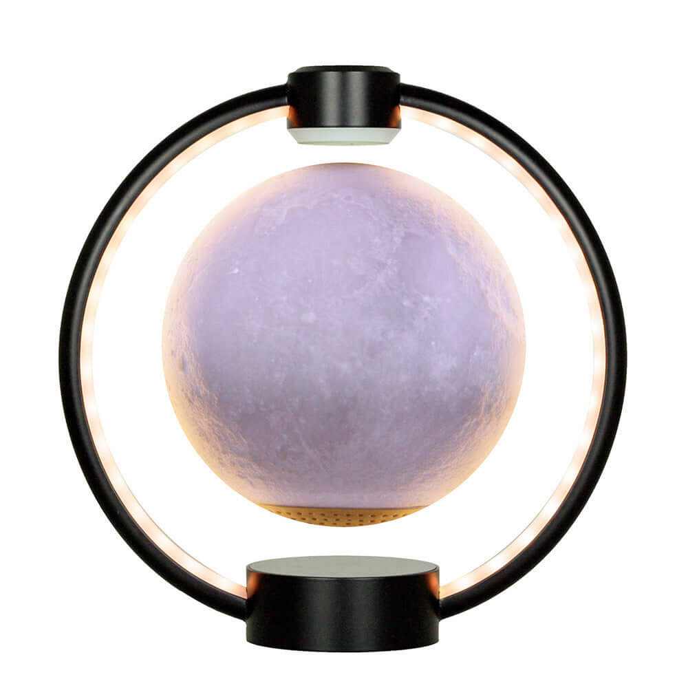 Floating Moonlight Bluetooth Speaker levitating in circular frame with colorful glowing light and 360-degree sound.